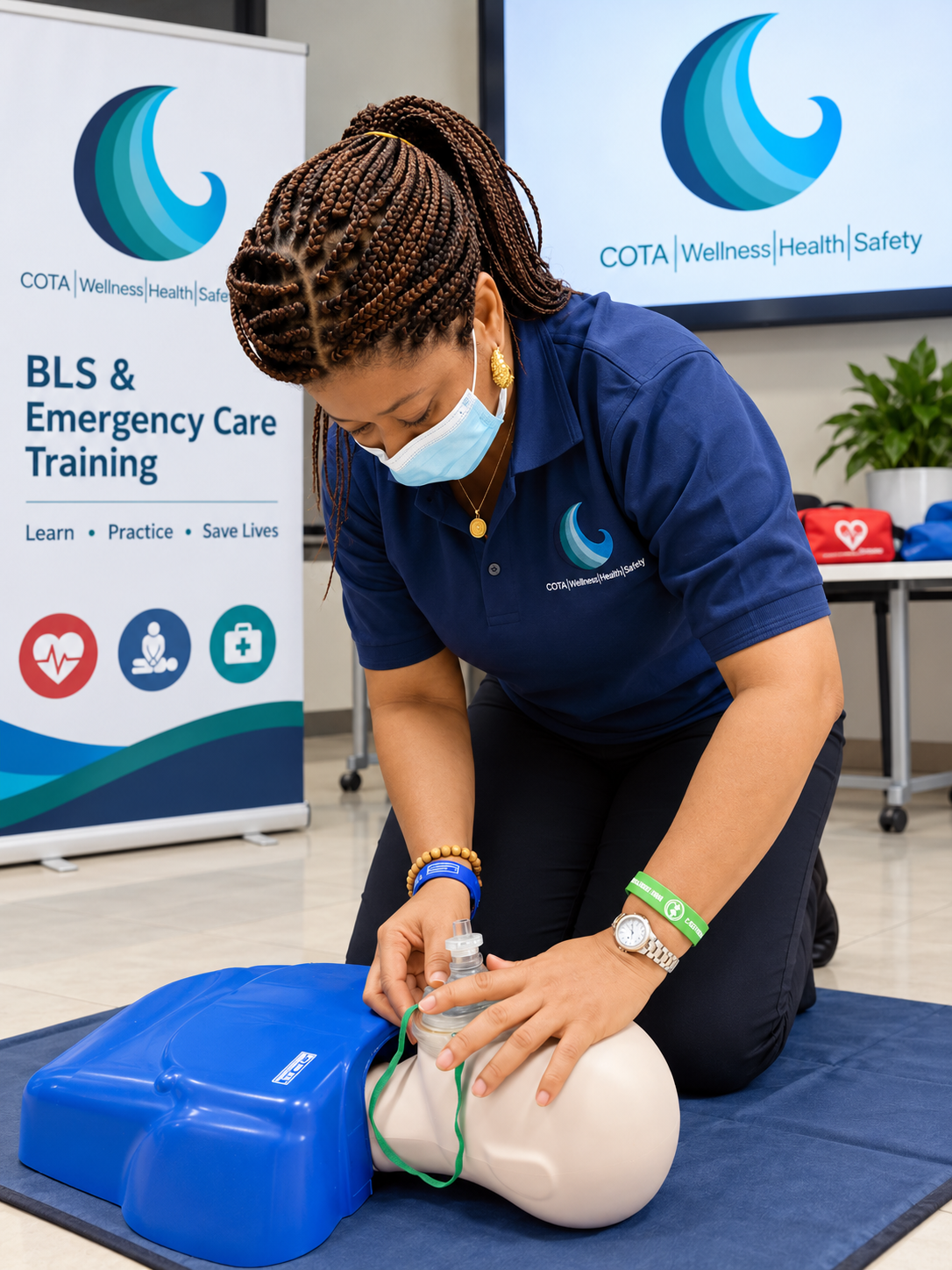 COTA instructor practising ventilation with a training mannequin during a BLS class